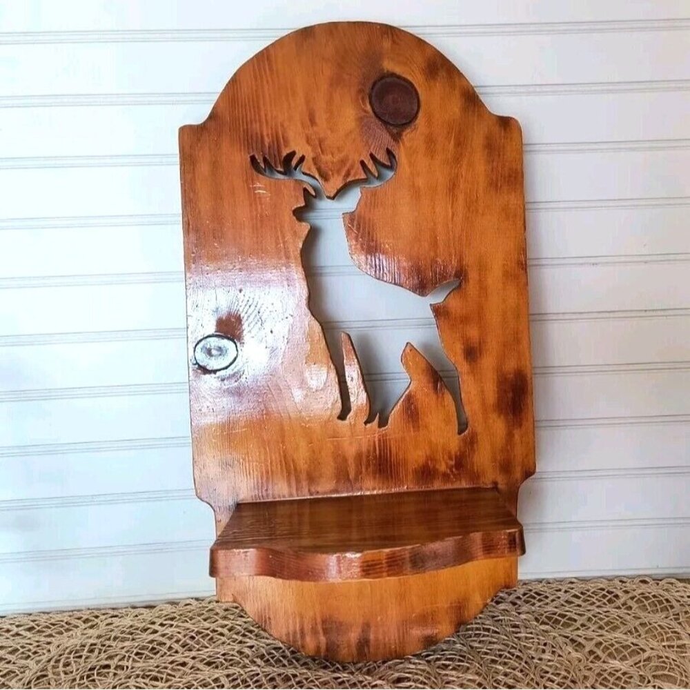 Wood Burn Deer Shelf, Solid Pine Buck Cutout Shelf, Wall Mount, Cabin Lodge, EUC